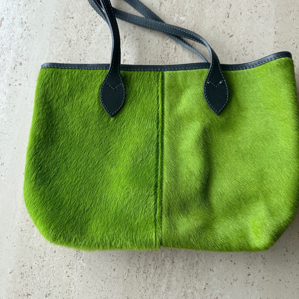 Lime Green Fur Bag with navy leather handles